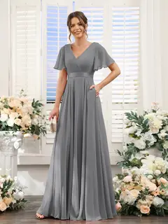 A-Line/Princess V-Neck Short Sleeves Chiffon Bridesmaid Dresses with Pockets — view 76
