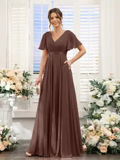 A-Line/Princess V-Neck Short Sleeves Chiffon Bridesmaid Dresses with Pockets — view 77