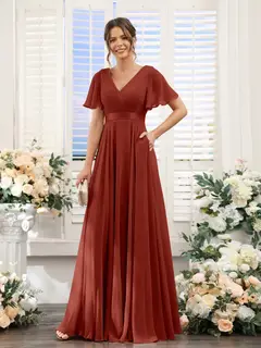 A-Line/Princess V-Neck Short Sleeves Chiffon Bridesmaid Dresses with Pockets — view 79