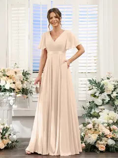 A-Line/Princess V-Neck Short Sleeves Chiffon Bridesmaid Dresses with Pockets — view 80