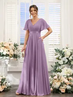 A-Line/Princess V-Neck Short Sleeves Chiffon Bridesmaid Dresses with Pockets — view 82