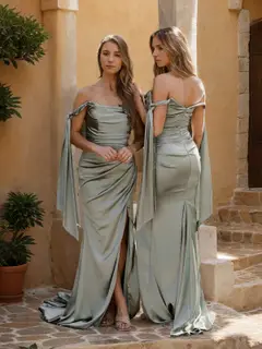 Sheath/Column Off-the-Shoulder Sleeveless Ruched Sweep Train Bridesmaid Dresses with Slit & Ribbons — view 2