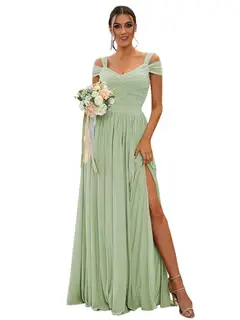 A-Line/Princess Off-the-shoulder Sleeveless Floor Length Bridesmaid Dresses Chiffon with Ruffles — view 2