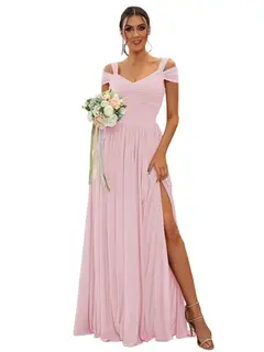 A-Line/Princess Off-the-shoulder Sleeveless Floor Length Bridesmaid Dresses Chiffon with Ruffles — view 9
