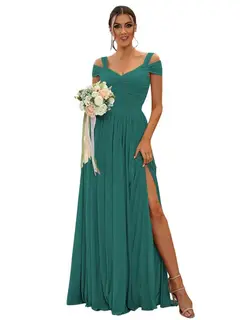 A-Line/Princess Off-the-shoulder Sleeveless Floor Length Bridesmaid Dresses Chiffon with Ruffles — view 11