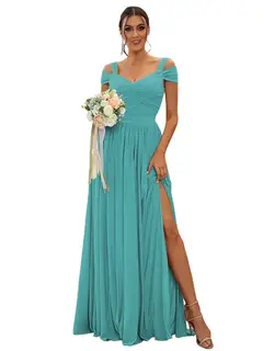 A-Line/Princess Off-the-shoulder Sleeveless Floor Length Bridesmaid Dresses Chiffon with Ruffles — view 19