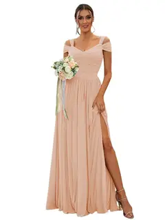 A-Line/Princess Off-the-shoulder Sleeveless Floor Length Bridesmaid Dresses Chiffon with Ruffles — view 25