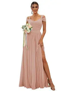 A-Line/Princess Off-the-shoulder Sleeveless Floor Length Bridesmaid Dresses Chiffon with Ruffles — view 26