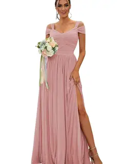A-Line/Princess Off-the-shoulder Sleeveless Floor Length Bridesmaid Dresses Chiffon with Ruffles — view 28