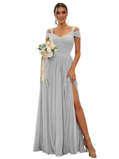A-Line/Princess Off-the-shoulder Sleeveless Floor Length Bridesmaid Dresses Chiffon with Ruffles — view 32