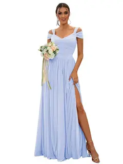 A-Line/Princess Off-the-shoulder Sleeveless Floor Length Bridesmaid Dresses Chiffon with Ruffles — view 34