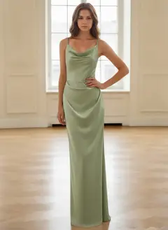 Sheath/Column Spaghetti Straps Silk Satin Bridesmaid Dresses Sleeveless Floor-Length Ruched — view 1