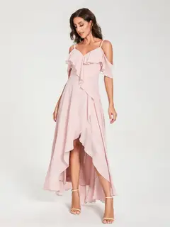 A-Line/Princess Spaghetti Straps V-Neck Short Sleeves Asymmetrical Bridemaid Dresses With Ruffles — view 4