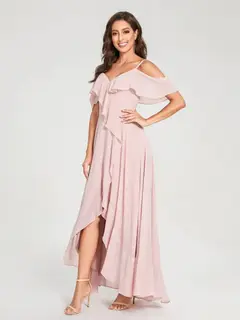A-Line/Princess Spaghetti Straps V-Neck Short Sleeves Asymmetrical Bridemaid Dresses With Ruffles — view 5