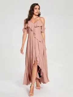 A-Line/Princess Spaghetti Straps V-Neck Short Sleeves Asymmetrical Bridemaid Dresses With Ruffles — view 7