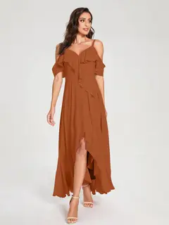 A-Line/Princess Spaghetti Straps V-Neck Short Sleeves Asymmetrical Bridemaid Dresses With Ruffles — view 9