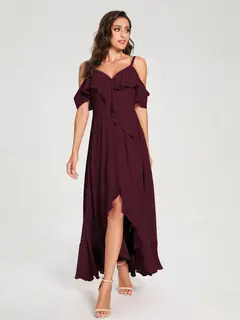A-Line/Princess Spaghetti Straps V-Neck Short Sleeves Asymmetrical Bridemaid Dresses With Ruffles — view 12