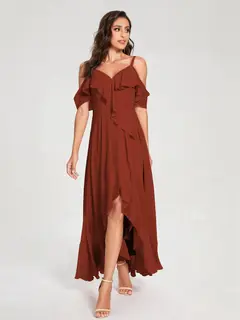 A-Line/Princess Spaghetti Straps V-Neck Short Sleeves Asymmetrical Bridemaid Dresses With Ruffles — view 13