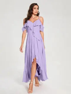 A-Line/Princess Spaghetti Straps V-Neck Short Sleeves Asymmetrical Bridemaid Dresses With Ruffles — view 14
