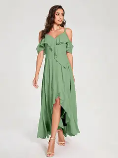 A-Line/Princess Spaghetti Straps V-Neck Short Sleeves Asymmetrical Bridemaid Dresses With Ruffles — view 16