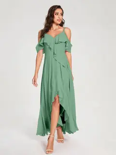 A-Line/Princess Spaghetti Straps V-Neck Short Sleeves Asymmetrical Bridemaid Dresses With Ruffles — view 17