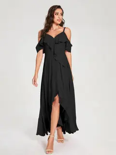 A-Line/Princess Spaghetti Straps V-Neck Short Sleeves Asymmetrical Bridemaid Dresses With Ruffles — view 18