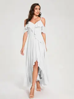 A-Line/Princess Spaghetti Straps V-Neck Short Sleeves Asymmetrical Bridemaid Dresses With Ruffles — view 20