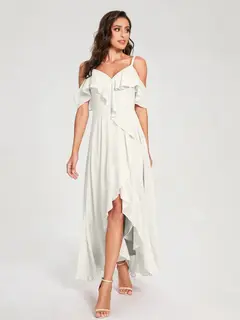 A-Line/Princess Spaghetti Straps V-Neck Short Sleeves Asymmetrical Bridemaid Dresses With Ruffles — view 21