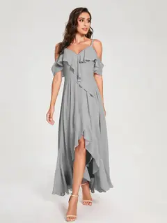 A-Line/Princess Spaghetti Straps V-Neck Short Sleeves Asymmetrical Bridemaid Dresses With Ruffles — view 22