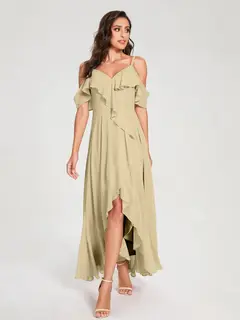 A-Line/Princess Spaghetti Straps V-Neck Short Sleeves Asymmetrical Bridemaid Dresses With Ruffles — view 24