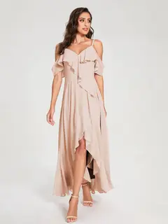 A-Line/Princess Spaghetti Straps V-Neck Short Sleeves Asymmetrical Bridemaid Dresses With Ruffles — view 28