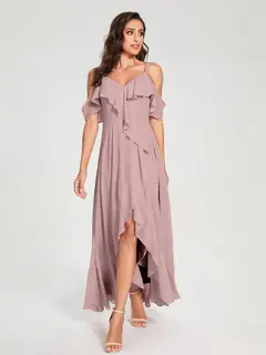 A-Line/Princess Spaghetti Straps V-Neck Short Sleeves Asymmetrical Bridemaid Dresses With Ruffles — view 30