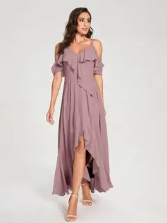 A-Line/Princess Spaghetti Straps V-Neck Short Sleeves Asymmetrical Bridemaid Dresses With Ruffles — view 31
