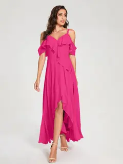 A-Line/Princess Spaghetti Straps V-Neck Short Sleeves Asymmetrical Bridemaid Dresses With Ruffles — view 33