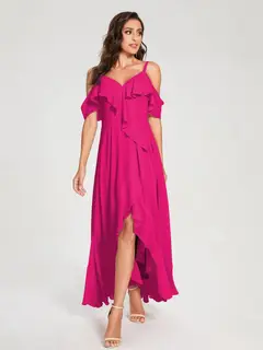 A-Line/Princess Spaghetti Straps V-Neck Short Sleeves Asymmetrical Bridemaid Dresses With Ruffles — view 34