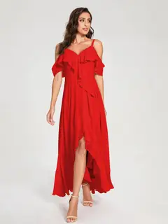 A-Line/Princess Spaghetti Straps V-Neck Short Sleeves Asymmetrical Bridemaid Dresses With Ruffles — view 36