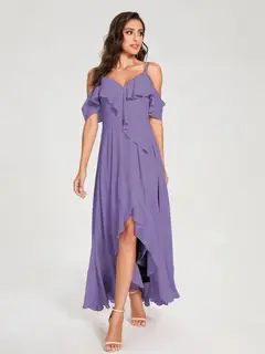 A-Line/Princess Spaghetti Straps V-Neck Short Sleeves Asymmetrical Bridemaid Dresses With Ruffles — view 41