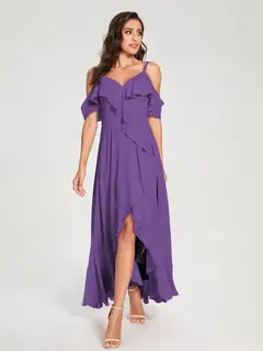 A-Line/Princess Spaghetti Straps V-Neck Short Sleeves Asymmetrical Bridemaid Dresses With Ruffles — view 42