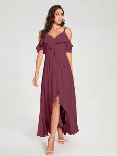 A-Line/Princess Spaghetti Straps V-Neck Short Sleeves Asymmetrical Bridemaid Dresses With Ruffles — view 43