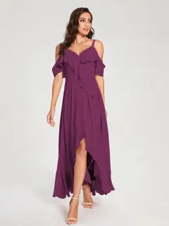 A-Line/Princess Spaghetti Straps V-Neck Short Sleeves Asymmetrical Bridemaid Dresses With Ruffles — view 44