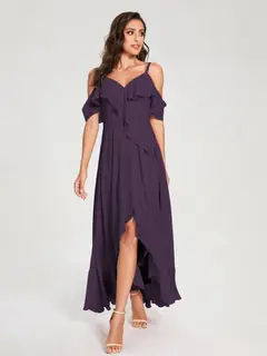 A-Line/Princess Spaghetti Straps V-Neck Short Sleeves Asymmetrical Bridemaid Dresses With Ruffles — view 46