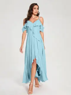 A-Line/Princess Spaghetti Straps V-Neck Short Sleeves Asymmetrical Bridemaid Dresses With Ruffles — view 49