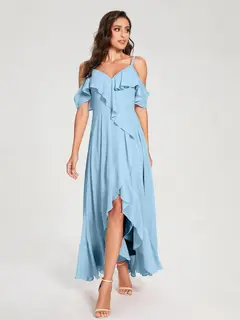 A-Line/Princess Spaghetti Straps V-Neck Short Sleeves Asymmetrical Bridemaid Dresses With Ruffles — view 50