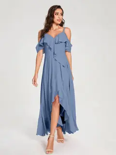 A-Line/Princess Spaghetti Straps V-Neck Short Sleeves Asymmetrical Bridemaid Dresses With Ruffles — view 51