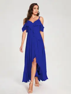 A-Line/Princess Spaghetti Straps V-Neck Short Sleeves Asymmetrical Bridemaid Dresses With Ruffles — view 55