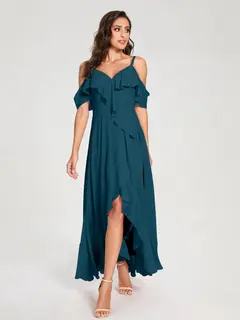 A-Line/Princess Spaghetti Straps V-Neck Short Sleeves Asymmetrical Bridemaid Dresses With Ruffles — view 58