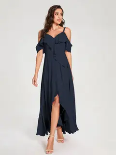 A-Line/Princess Spaghetti Straps V-Neck Short Sleeves Asymmetrical Bridemaid Dresses With Ruffles — view 59