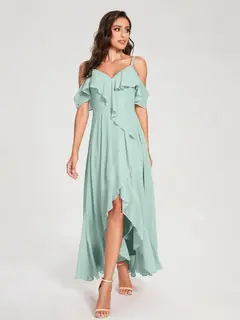 A-Line/Princess Spaghetti Straps V-Neck Short Sleeves Asymmetrical Bridemaid Dresses With Ruffles — view 60