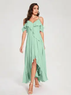 A-Line/Princess Spaghetti Straps V-Neck Short Sleeves Asymmetrical Bridemaid Dresses With Ruffles — view 61