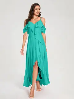 A-Line/Princess Spaghetti Straps V-Neck Short Sleeves Asymmetrical Bridemaid Dresses With Ruffles — view 63
